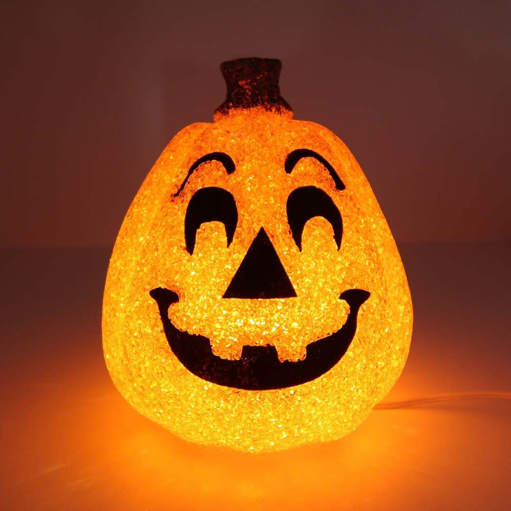 8.5" Halloween Light Up Pumpkin Jack O Lantern Melted Rubber Plastic Popcorn Vtg